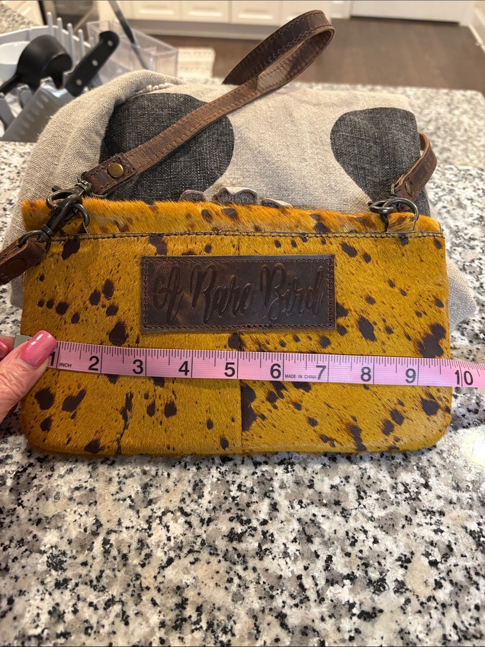 Mustard Haircalf Floral Accent Crossbody Bag - Picture 5 of 7